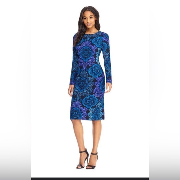 MAGGY LONDON - GSF03M LONG SLEEVE FLORAL PRINT CREPE DRESS BLUE PURPLE SIZE 6 - Picture 1 of 8